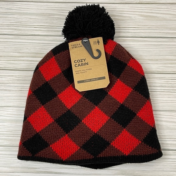 Field & Stream Cozy Cabin Black, Brown and Red Plaid Knit Beanie Hat NWT - Picture 2 of 8